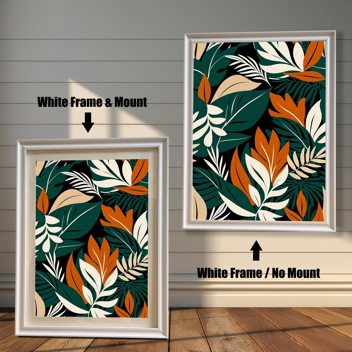 Abstract tropical leaf art print in a White colored wood frame with a mount/mat (left) and without a mount/mat (right). The print features dark green, orange, and cream leaves on a black background.