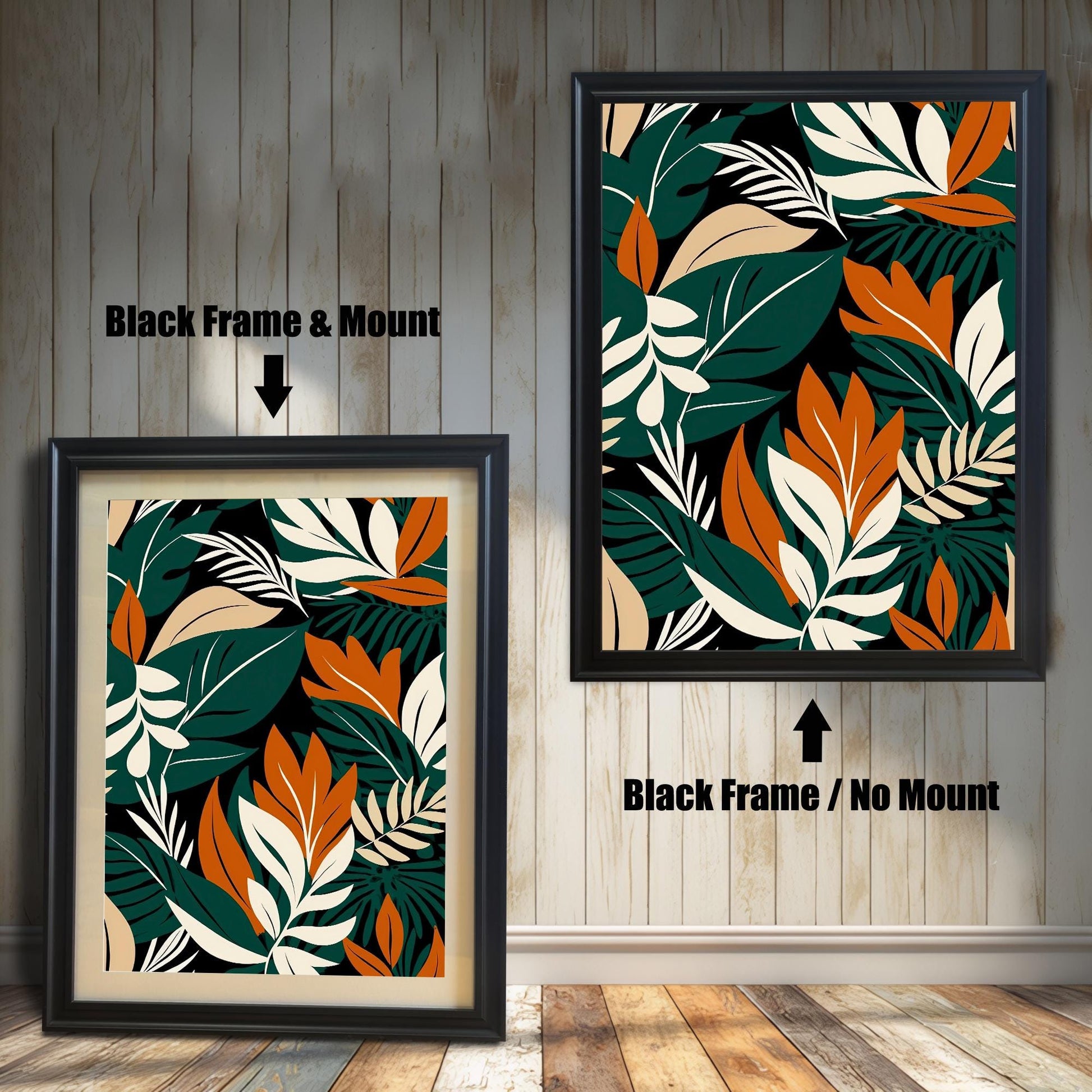 Abstract tropical leaf art print in a Black colored wood frame with a mount/mat (left) and without a mount/mat (right). The print has a modern, jungle-inspired design.