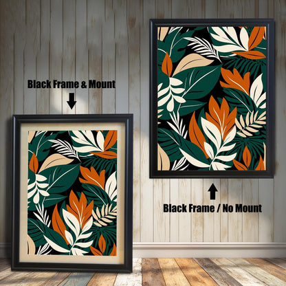 Abstract tropical leaf art print in a Black colored wood frame with a mount/mat (left) and without a mount/mat (right). The print has a modern, jungle-inspired design.