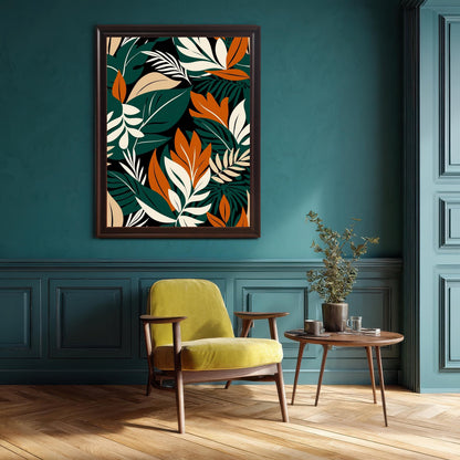 Abstract tropical leaf art print in a Coffee/Dark Wood frame hanging on a rich, deep teal wall above a retro lime-green armchair. The room features wainscoting and hardwood floors.