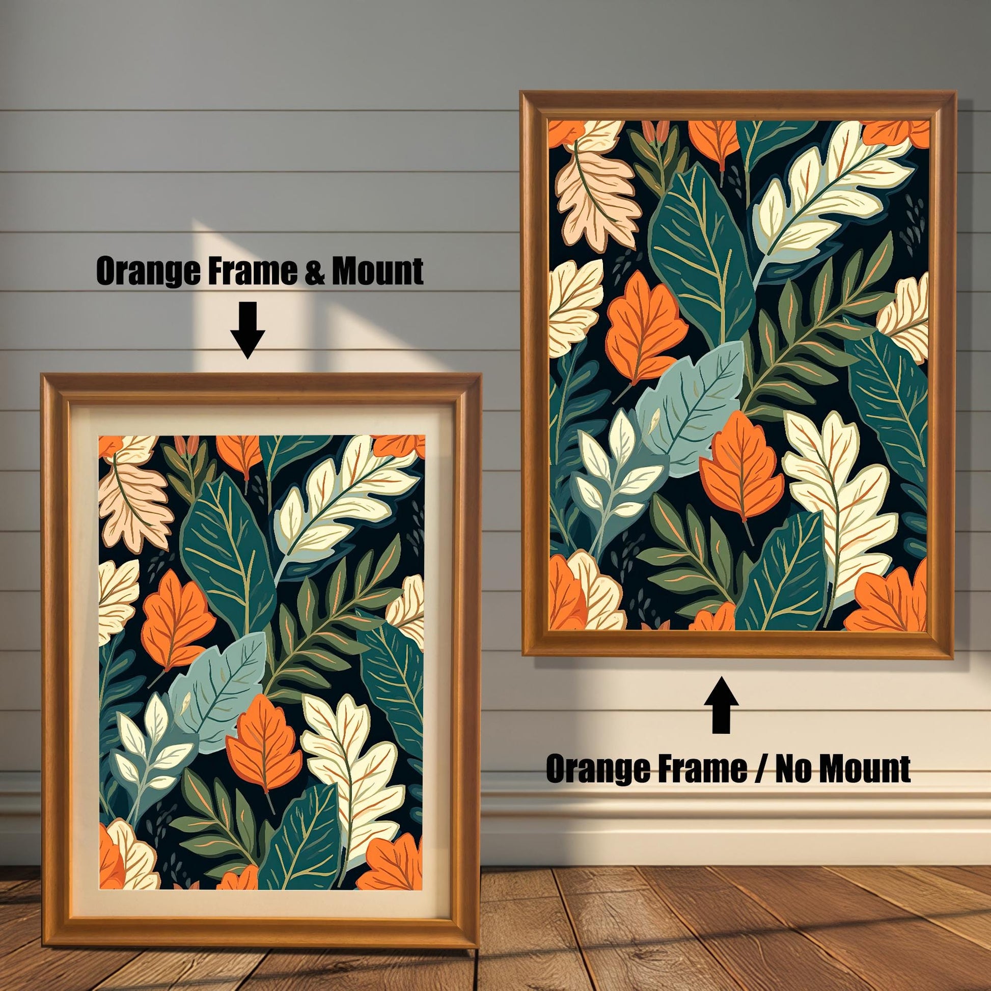 Comparison image showing the Impressionist Landscape art print in an Orange Frame with a Mount (left) and the same print in an Orange Frame with No Mount (right).