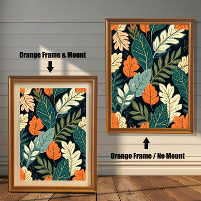 Comparison image showing the Impressionist Landscape art print in an Orange Frame with a Mount (left) and the same print in an Orange Frame with No Mount (right).