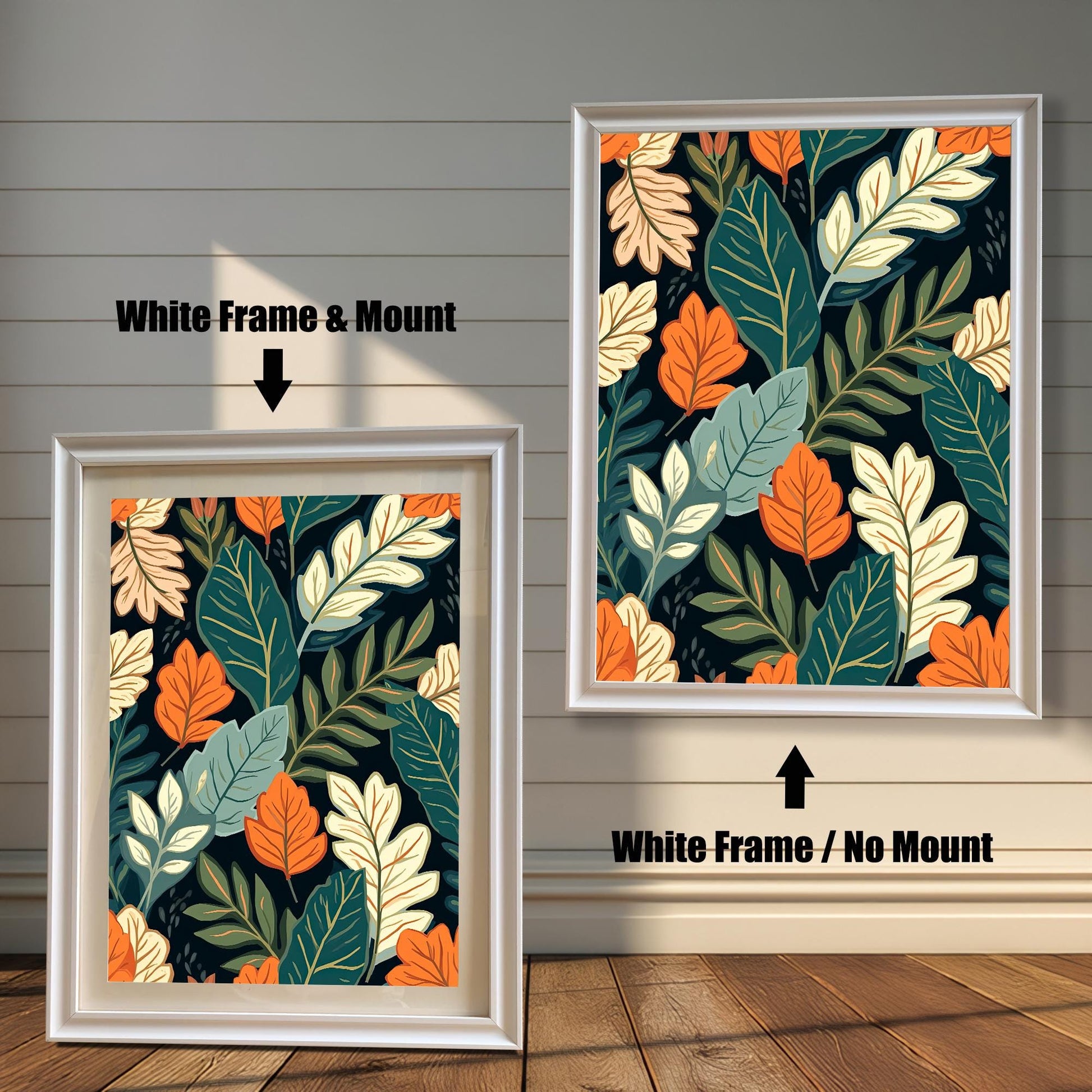 Comparison image showing the Impressionist Landscape art print in a White Frame with a Mount (left) and the same print in a White Frame with No Mount (right).