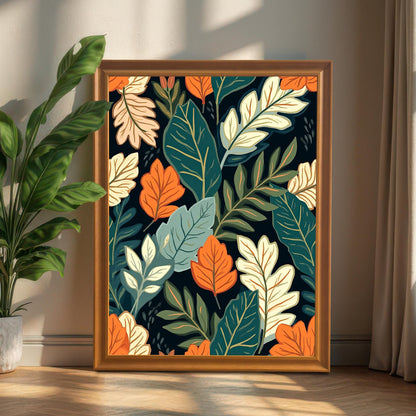 Styled photo of the dark botanical art print in an Orange/Wood Frame leaning against a wall next to a large green houseplant.