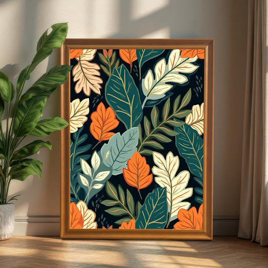 Styled photo of the dark botanical art print in an Orange/Wood Frame leaning against a wall next to a large green houseplant.
