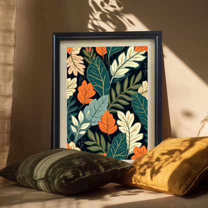 Styled photo of the framed dark botanical art print in a Black Frame leaning on a surface with two plush pillows, bathed in strong sunlight and shadows.