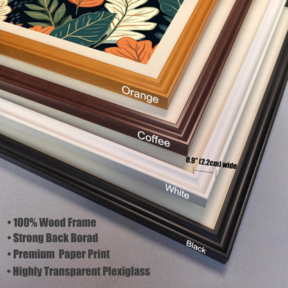 Close-up of four frame corner samples, labeled Orange, Coffee, White, and Black. The text lists features: 100% Wood Frame, Strong Back Board, Premium Paper Print, and Highly Transparent Plexiglass. The frame width is 0.9′′ (2.2cm).