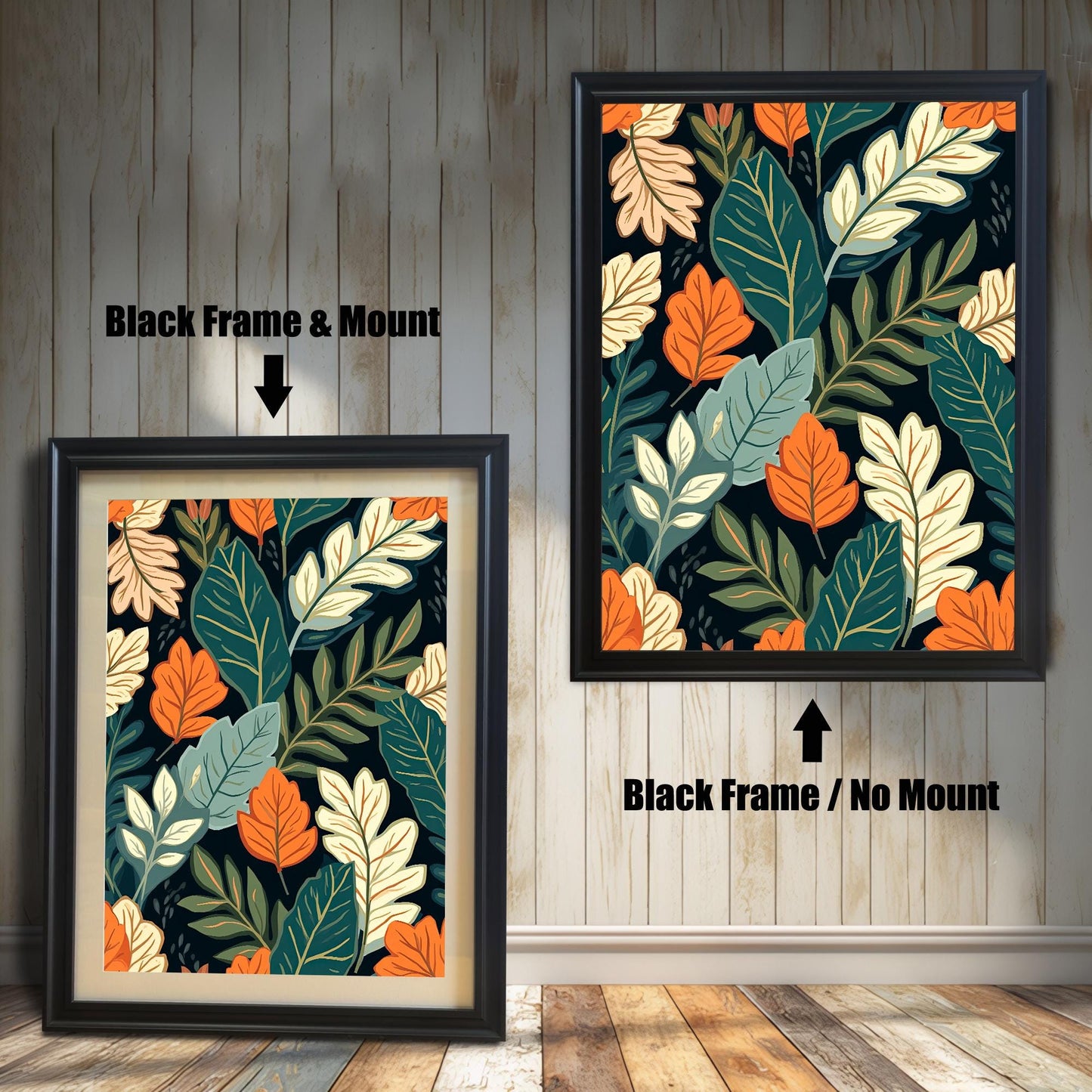 Side-by-side comparison of the dark botanical print in a Black Frame with a light Mount (mat) and without a mount.