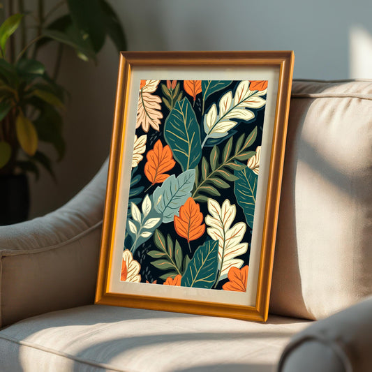 Styled photo of the dark botanical art print in an Orange/Wood Frame leaning on a beige armchair or couch, showing morning sunlight and shadows.