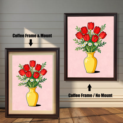 View of the tulip wall art framed in Coffee (dark brown). Two options are shown: on the left, a Coffee Frame & Mount (with a white border/mat) and on the right, a Coffee Frame / No Mount (edge-to-edge print). The art features red tulips and daisies in a yellow vase on a pink background.