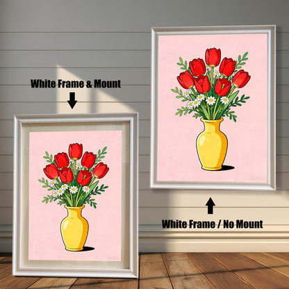 View of the tulip wall art framed in White. Two options are shown: on the left, a White Frame & Mount (with a white border/mat) and on the right, a White Frame / No Mount (edge-to-edge print). The art features red tulips and daisies in a yellow vase on a pink background.