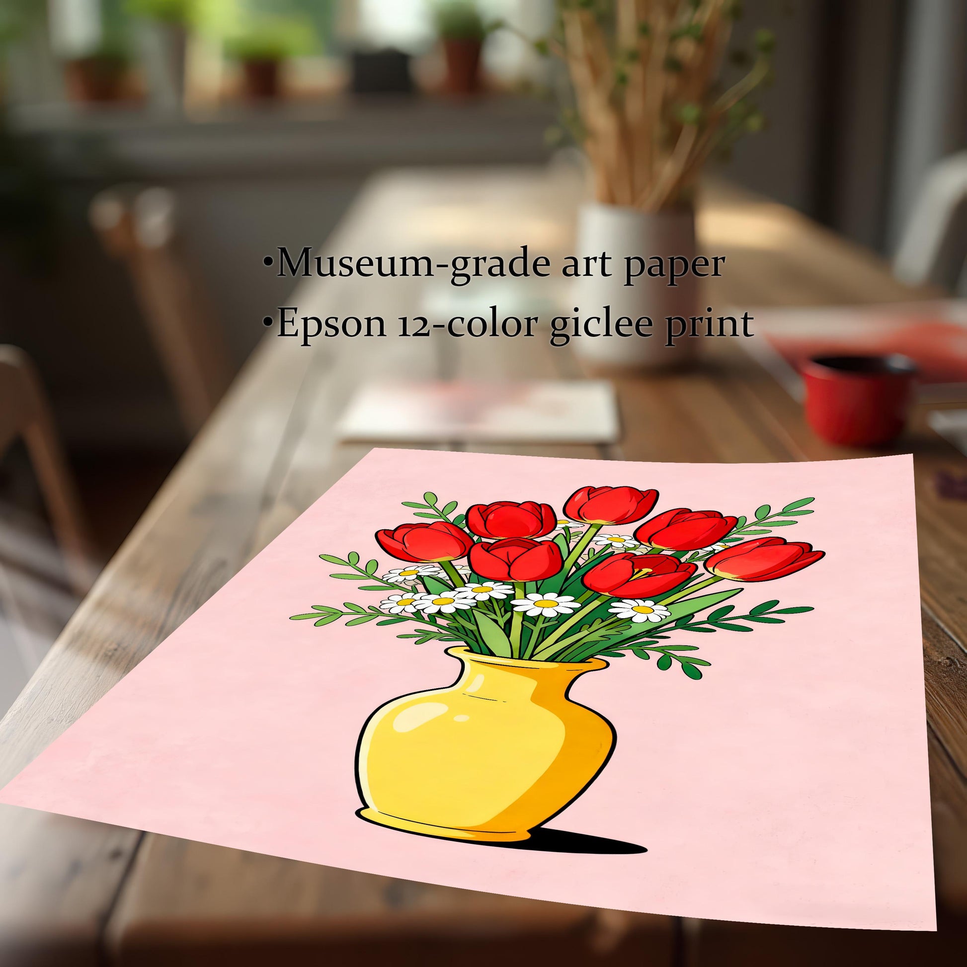 Close-up of an unframed print of the red tulips on a table, showing the texture and quality of the Museum-grade art paper and mentioning it's an Epson 12-color giclee print.