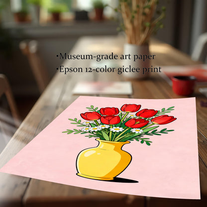 Close-up of an unframed print of the red tulips on a table, showing the texture and quality of the Museum-grade art paper and mentioning it's an Epson 12-color giclee print.