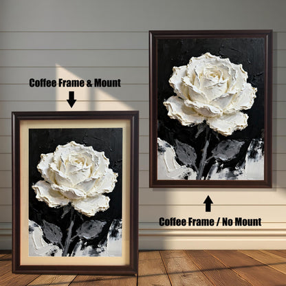 Comparison image showing a framed art print of the textured white rose painting with a Coffee frame: on the left, with a Mount (matted) and on the right, with No Mount (unmatted).