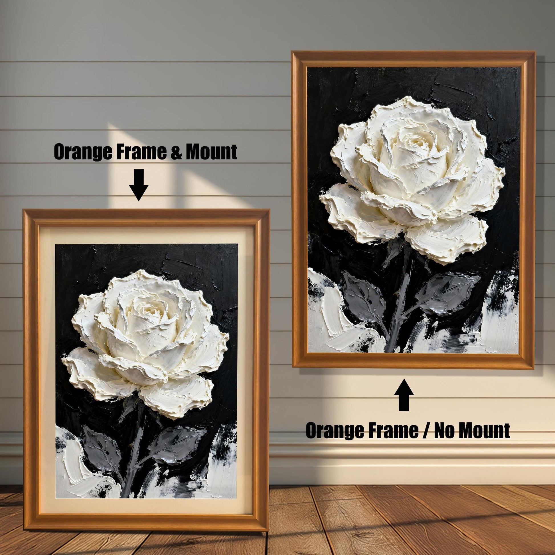 Comparison image showing a framed art print of the textured white rose painting with an Orange frame: on the left, with a Mount (matted) and on the right, with No Mount (unmatted).