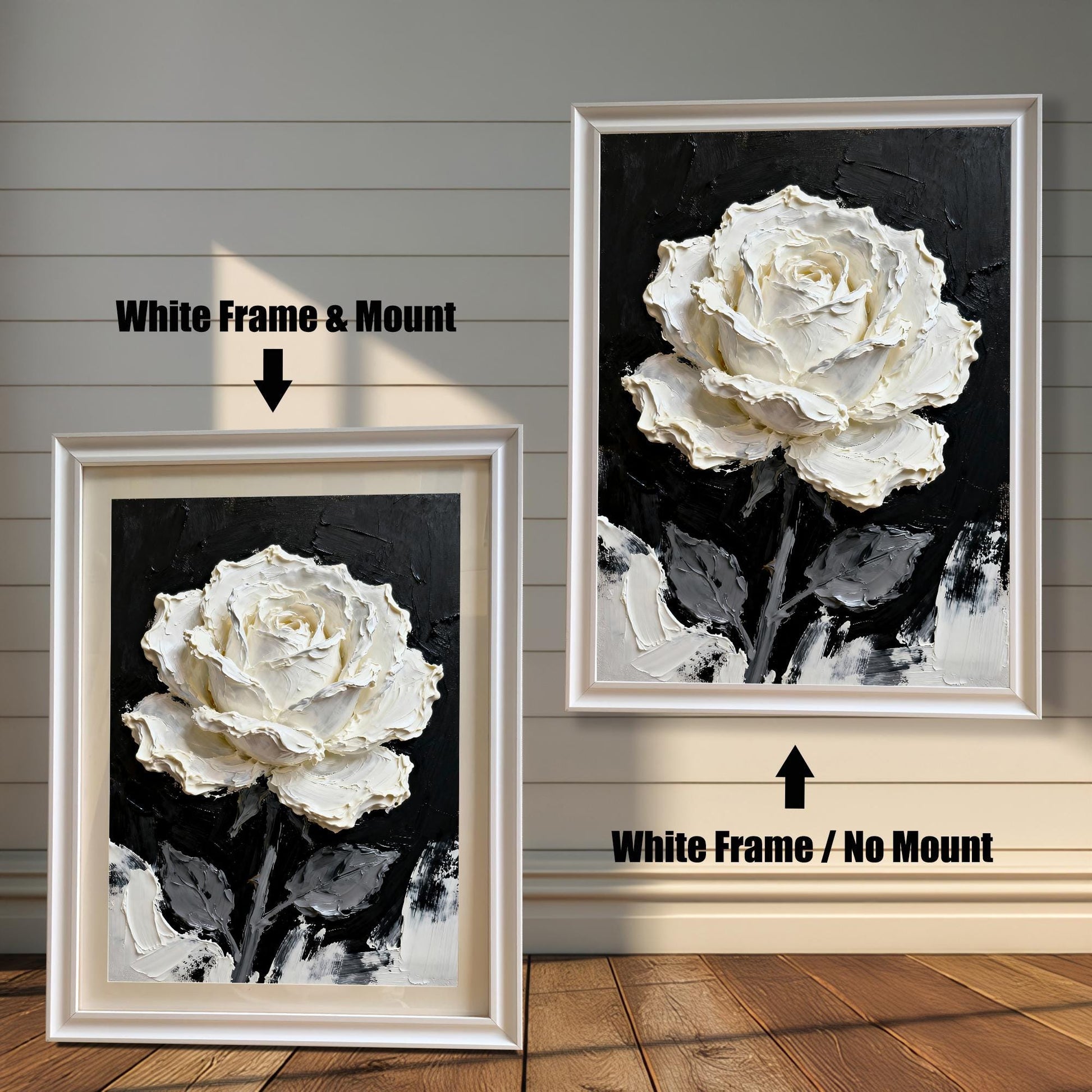 Comparison image showing a framed art print of the textured white rose painting with a White frame: on the left, with a Mount (matted) and on the right, with No Mount (unmatted).