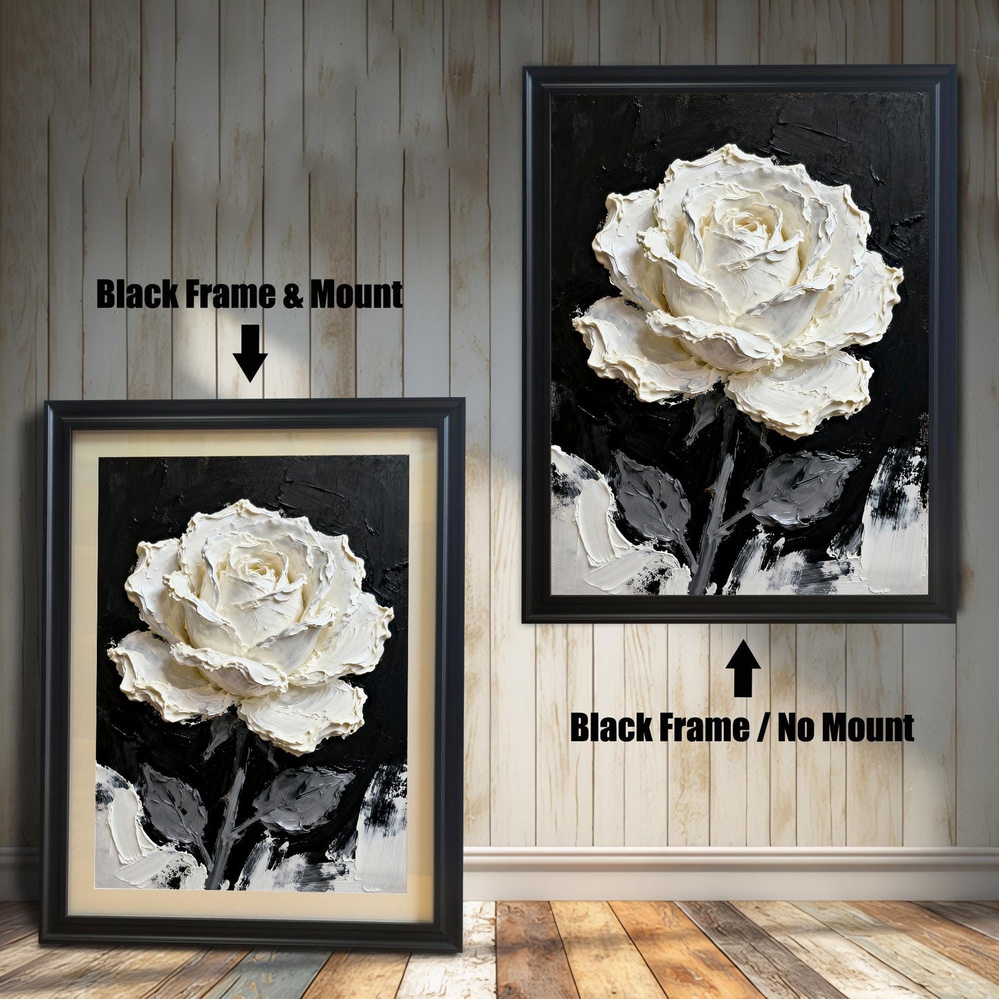 Comparison image showing a framed art print of the textured white rose painting with a Black frame: on the left, with a Mount (matted) and on the right, with No Mount (unmatted).