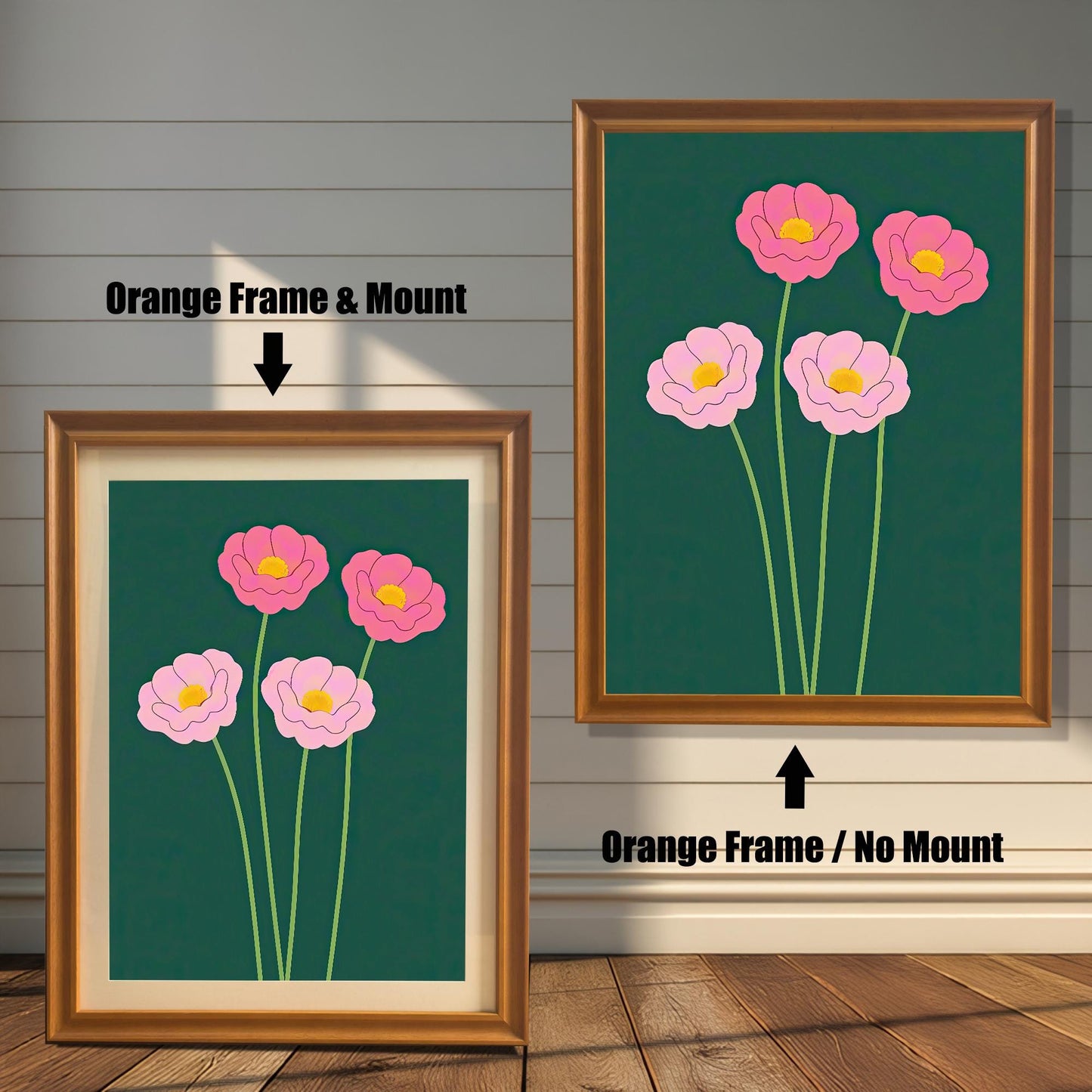Comparison image showing the pink floral print in an Orange Frame & Mount (with a mount/mat) on the left, and an Orange Frame / No Mount (full bleed) on the right.