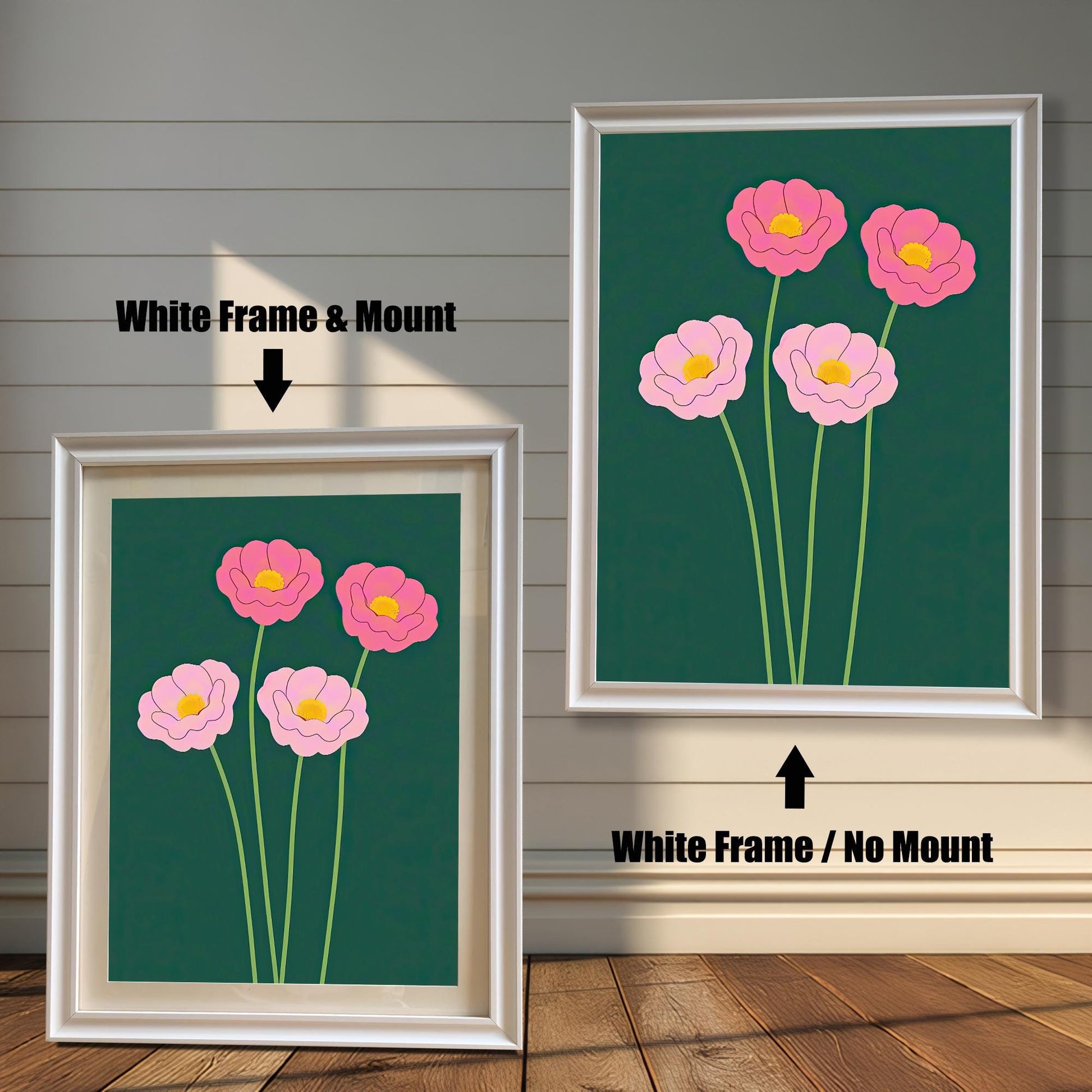 Comparison image showing the pink floral print in a White Frame & Mount (with a border/mat) on the left, and a White Frame / No Mount (full bleed) on the right. Both are against a white shiplap wall.