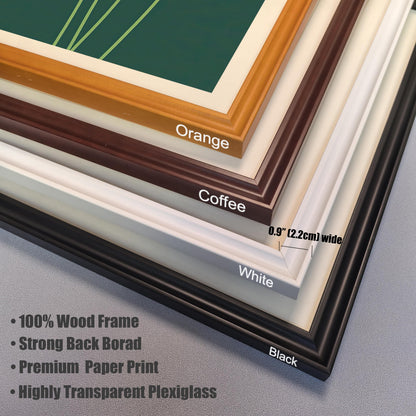 Close-up stacked image showing the four available wood frame colors and materials details. The colors shown are: Orange, Coffee, White, and Black. Text lists features: "100% Wood Frame," "Strong Back Board," "Premium Paper Print," and "Highly Transparent Plexiglass."