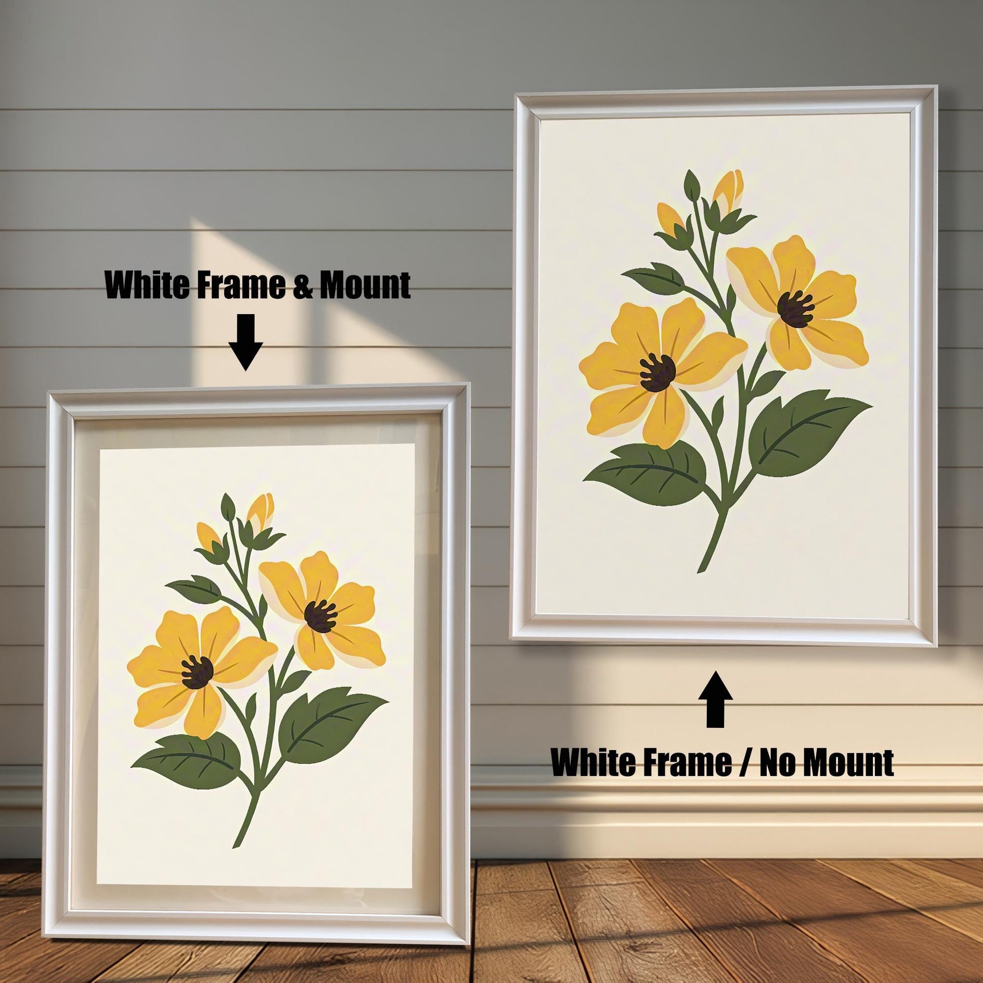 Comparison image showing the yellow floral print in a White Frame & Mount (with a border/mat) on the left, and a White Frame / No Mount (full bleed) on the right.