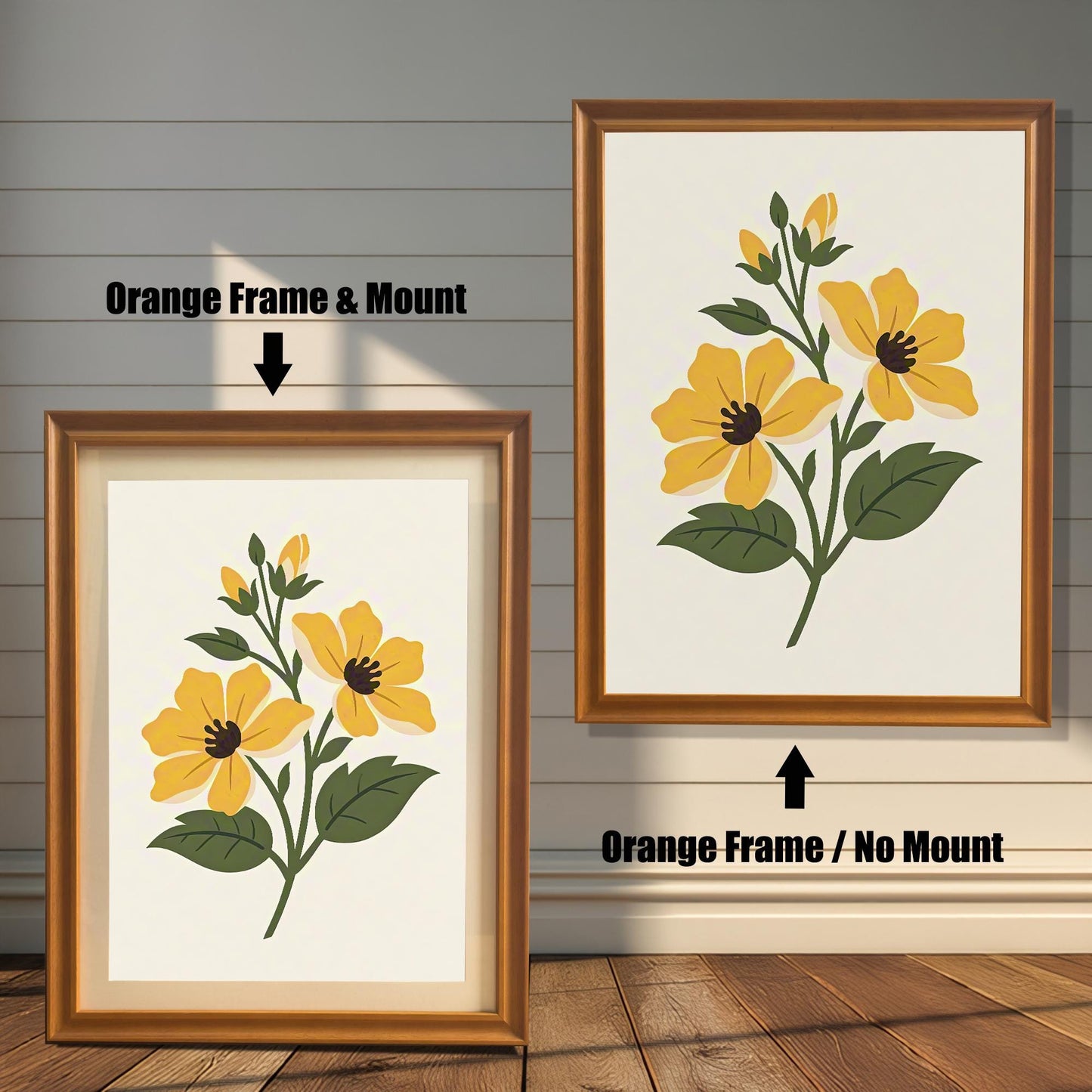 Comparison image showing the yellow floral print in an Orange Frame & Mount (with a mount/mat) on the left, and an Orange Frame / No Mount (full bleed) on the right.