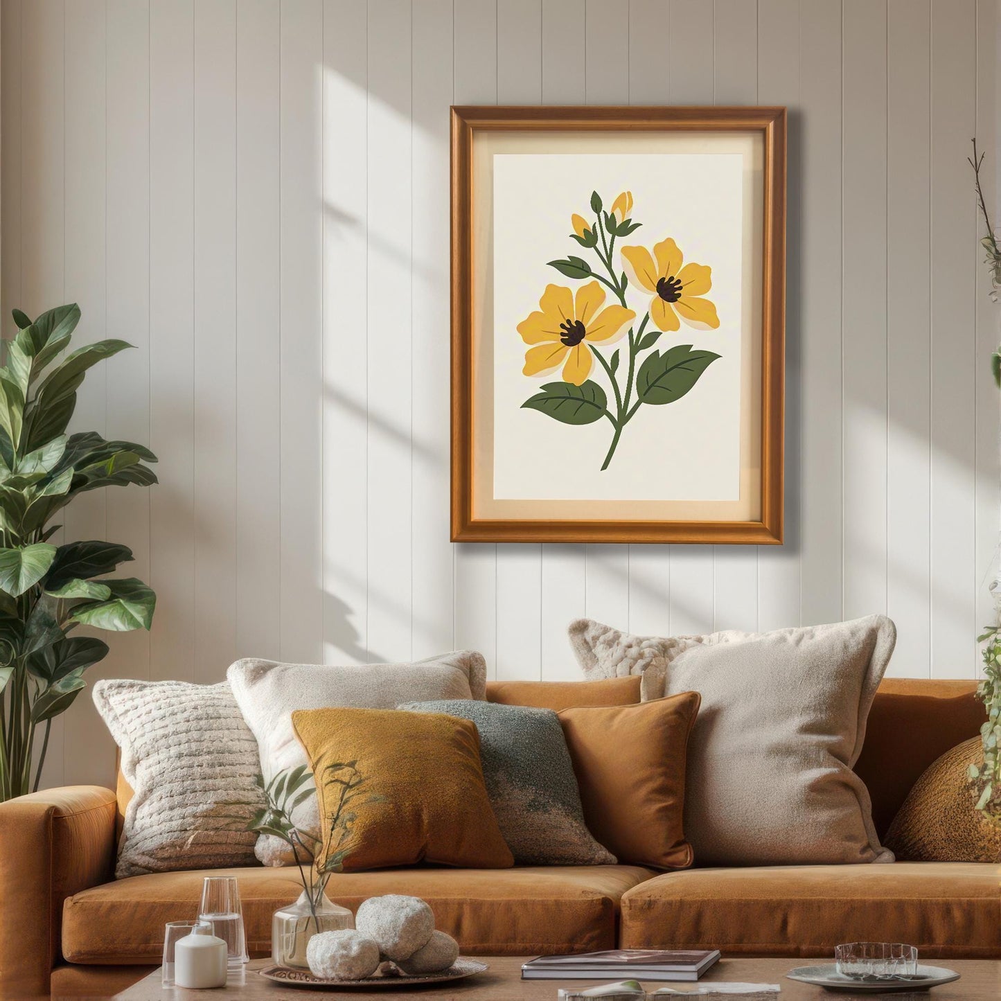 The yellow floral art print in an Orange frame hanging above a plush, orange-brown sofa with several neutral and gold-toned pillows, in a modern living room setting with a white shiplap wall. The frame has no mount/mat.