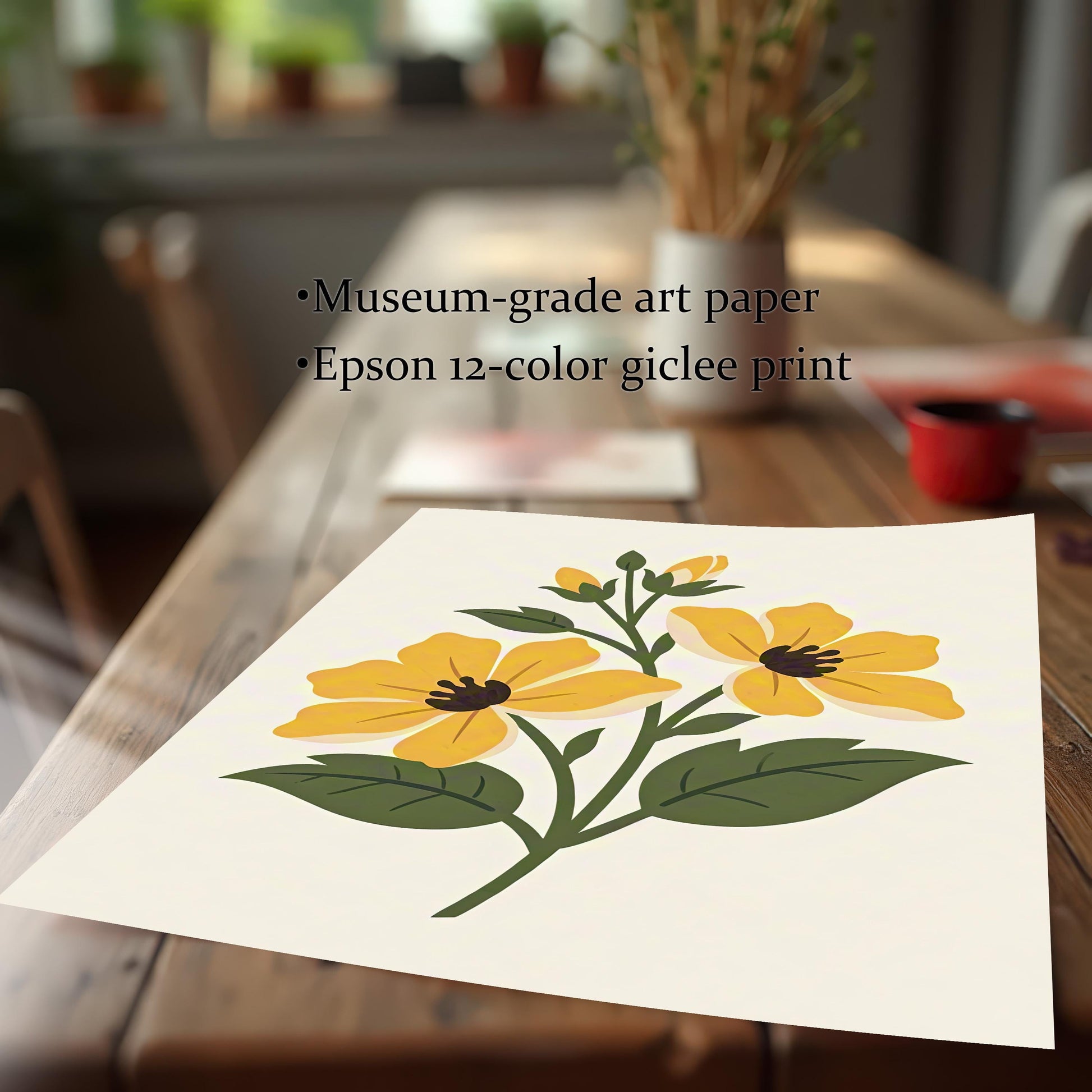 Close-up of the yellow flower art print lying on a rustic wooden table, emphasizing the print quality. Text overlays state: "Museum-grade art paper" and "Epson 12-color giclee print."