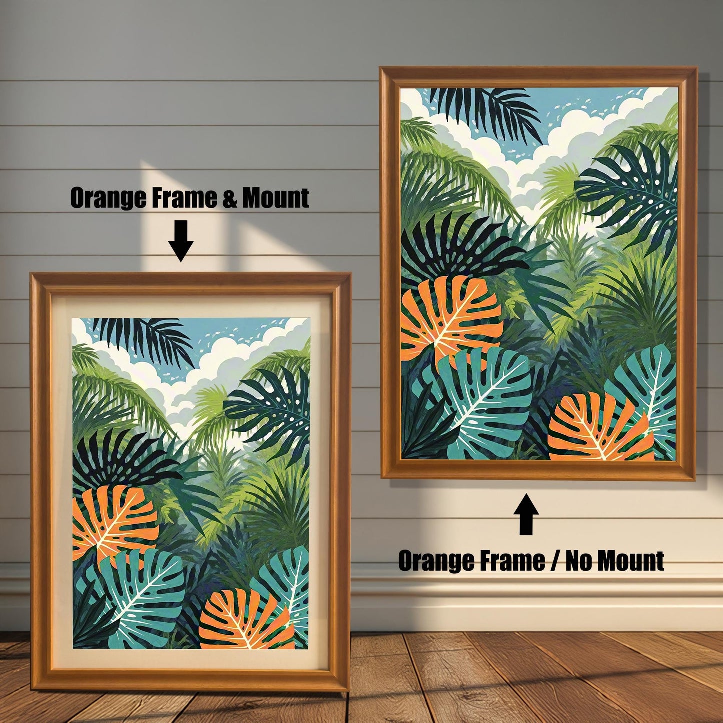 Comparison image showing the jungle print in an Orange Frame & Mount (with a mount/mat) on the left, and an Orange Frame / No Mount (full bleed) on the right.