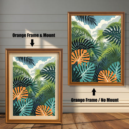 Comparison image showing the jungle print in an Orange Frame & Mount (with a mount/mat) on the left, and an Orange Frame / No Mount (full bleed) on the right.