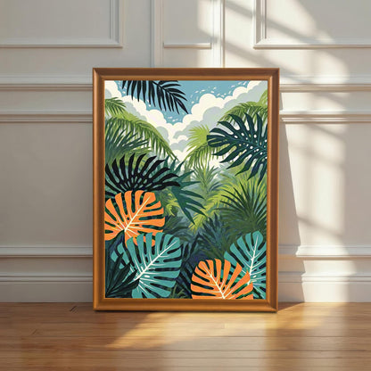 A vibrant, framed art print featuring a tropical jungle scene with green palm fronds, dark teal leaves, and bright orange-and-white monstera leaves, leaning against a white wainscoting wall on a hardwood floor, bathed in natural sunlight.