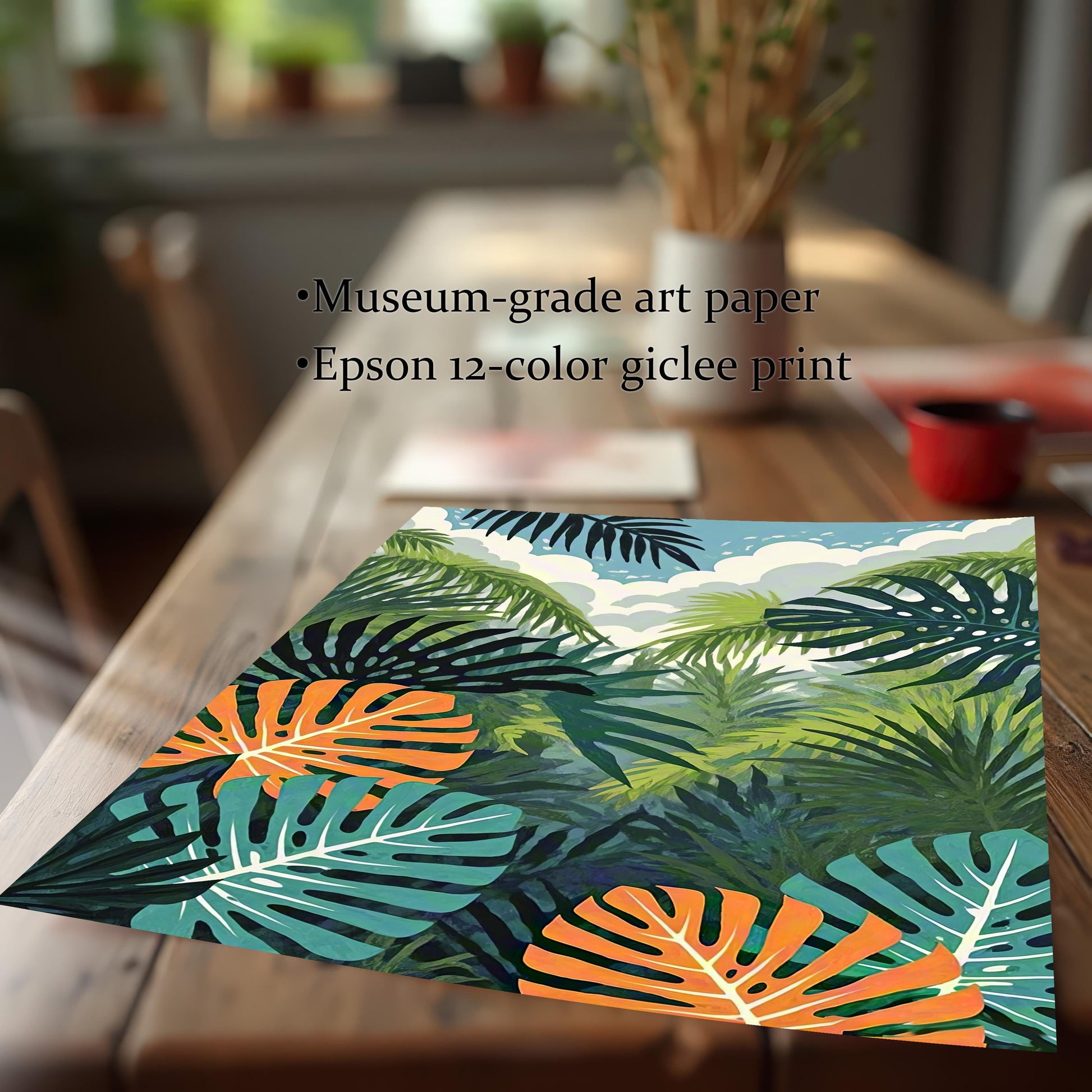 Close-up shot of the tropical jungle art print laying on a wooden table, emphasizing the print quality. Text overlays state: "Museum-grade art paper" and "Epson 12-color giclee print."