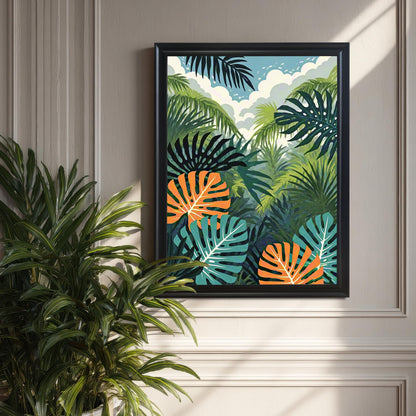 The tropical jungle art print in a black frame, hung on a light grey paneled wall, next to a large, real houseplant (likely a parlor palm or similar). Natural sunlight casts strong shadows across the wall.