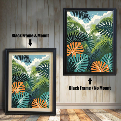 Comparison image showing the jungle print in a Black Frame & Mount (with a mount/mat) on the left, and a Black Frame / No Mount (full bleed) on the right.