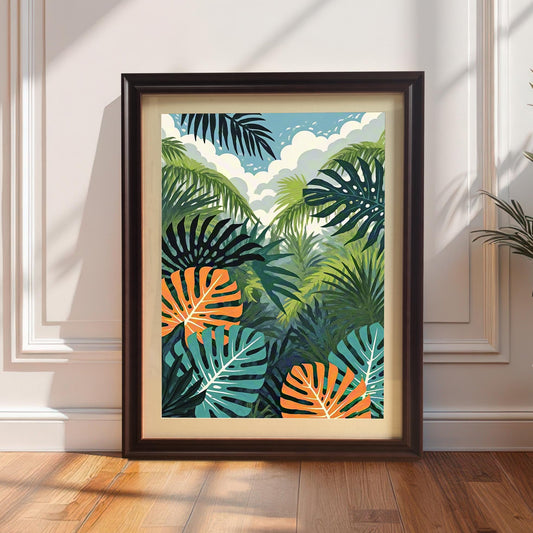 A framed tropical jungle art print, featuring green, teal, and orange leaves, leaning on a hardwood floor against a white wainscoting wall. The frame is a dark Coffee or Black color and includes an interior mount/mat. Sunlight casts a long shadow across the scene.