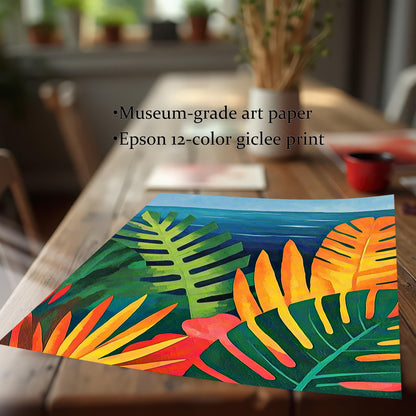 A close-up of the art print rolled out on a wooden table, emphasizing the print quality. Text notes the paper is Museum-grade art paper and printed with an Epson 12-color giclee print. The artwork shows vibrant tropical leaves with an ocean view.