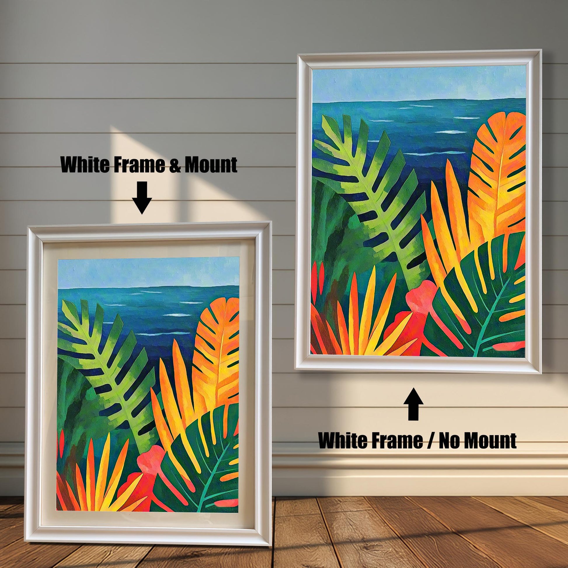 Comparison image of the tropical seascape art print in a White Frame with and without a Mount (matting).