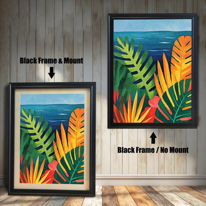 Comparison image of the tropical seascape art print in a Black Frame with and without a Mount (matting).