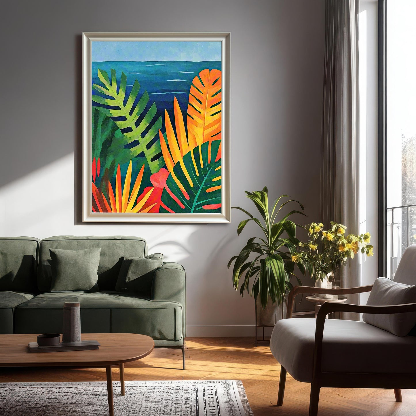 A large framed art print of a vibrant tropical foliage with an ocean view, hanging on a dark gray wall above a green sofa in a modern, sunlit living room. The print is showcased in a White Wood Frame.
