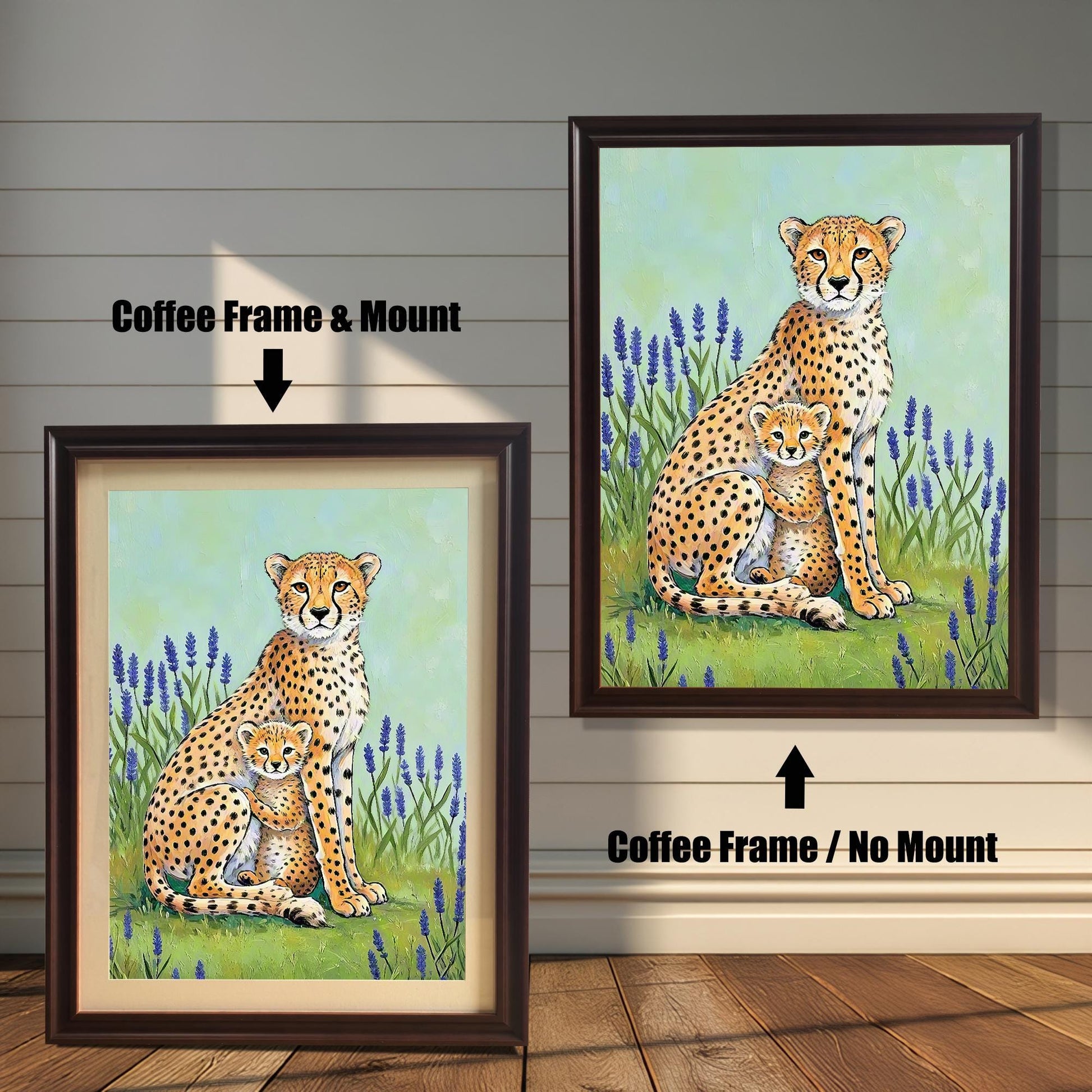 Comparison image of the cheetah mother and cub art print in a Coffee Frame (dark brown) with and without a Mount (matting).
