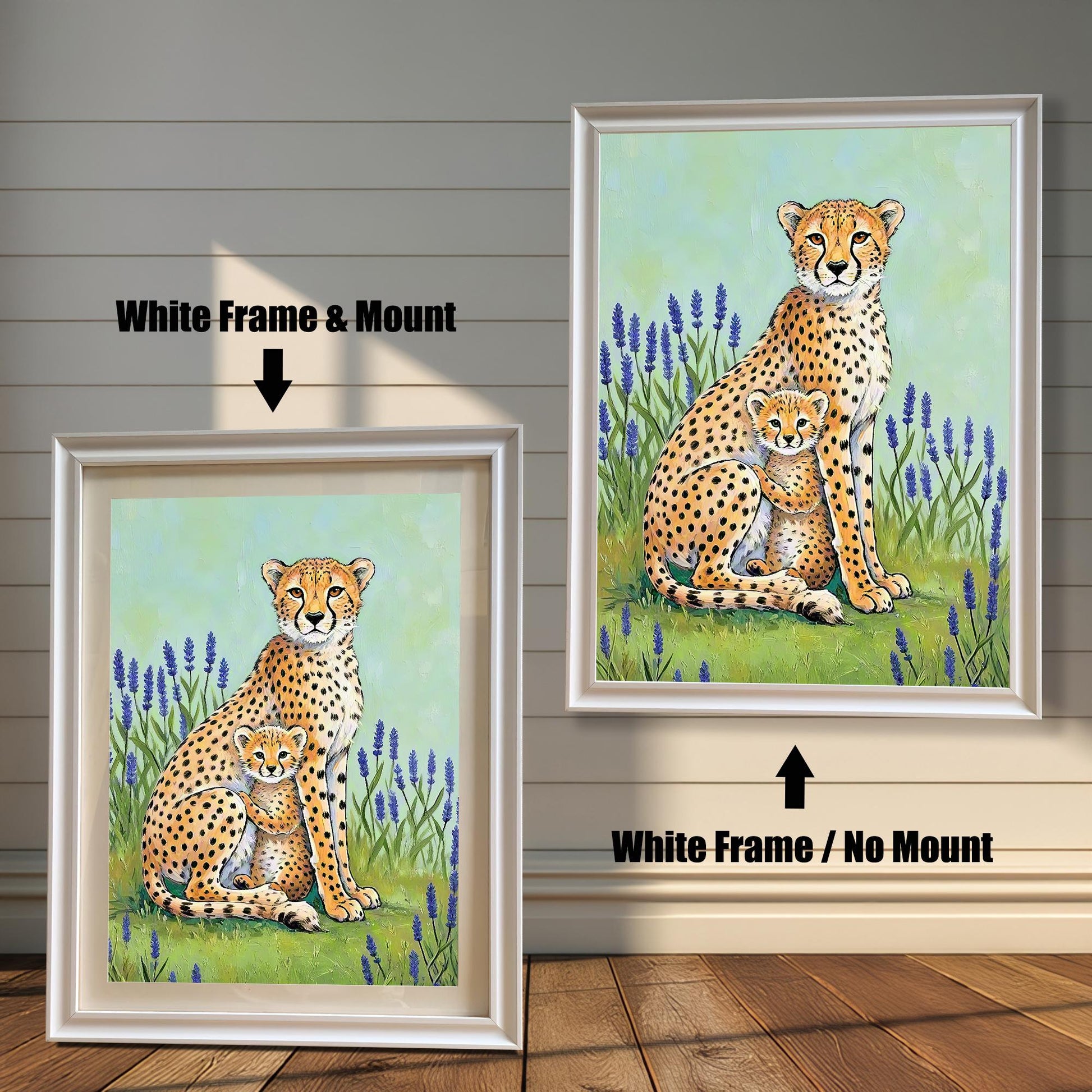 Comparison image of the cheetah mother and cub art print in a White Frame with and without a Mount (matting).