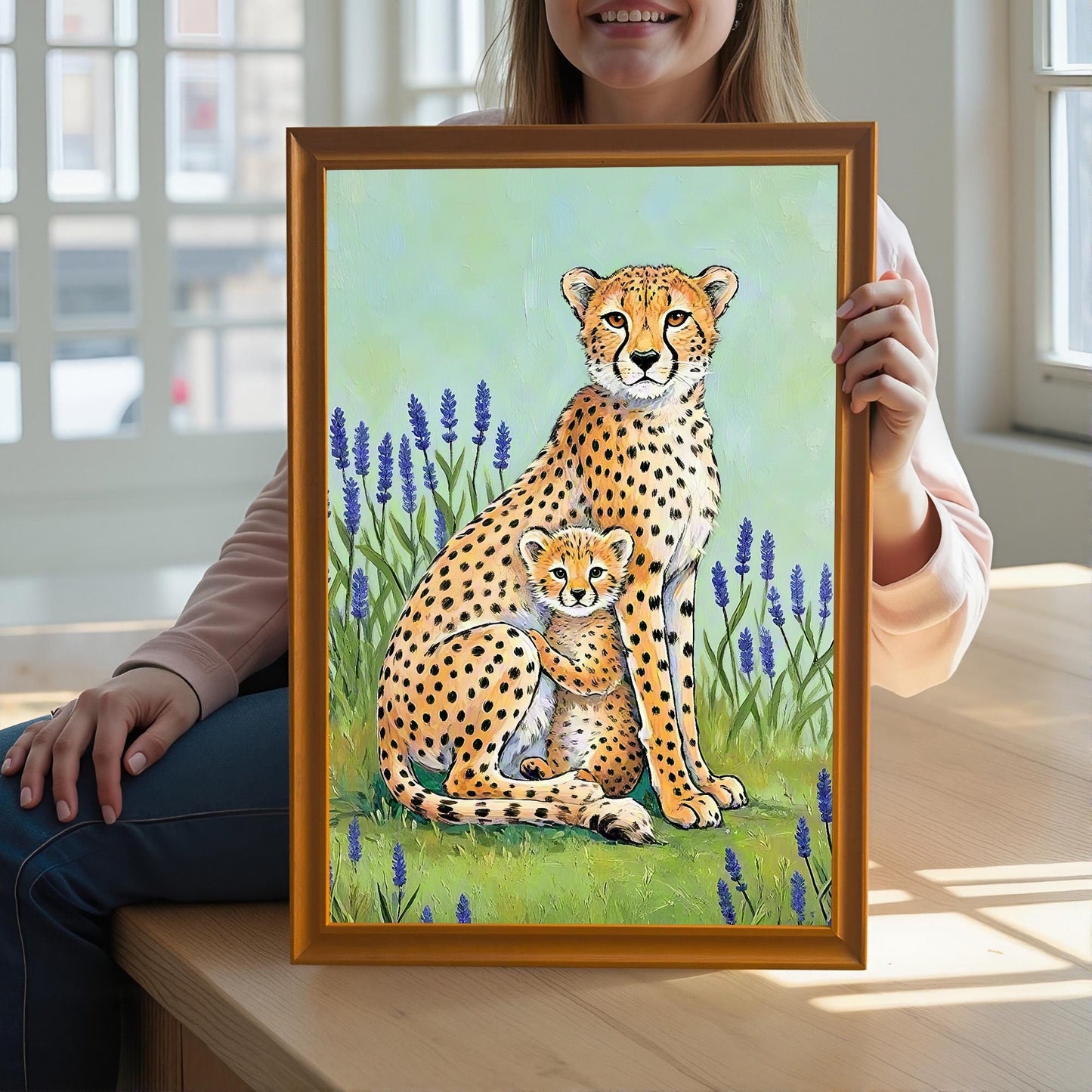 Lifestyle image of a smiling person sitting down and holding up the framed art print of a cheetah mother and cub sitting in a field of lavender. The print is in a gold/Orange wood frame.