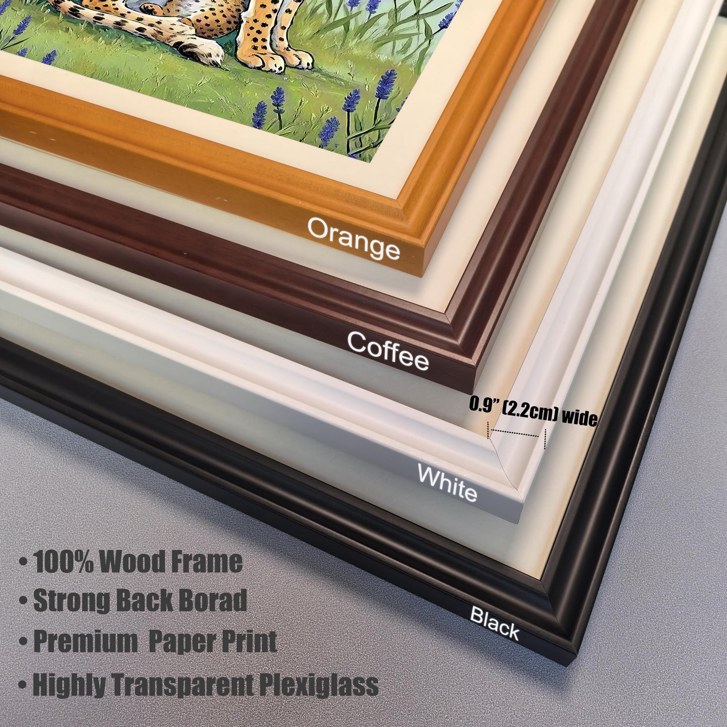 Close-up stacked image showing the four available frame colors: Orange, Coffee (dark brown), White, and Black. Text highlights the frame features: 100% Wood Frame, Strong Backboard, Premium Paper Print, and Highly Transparent Plexiglass. Frame width is 0.9"" (2.2cm).