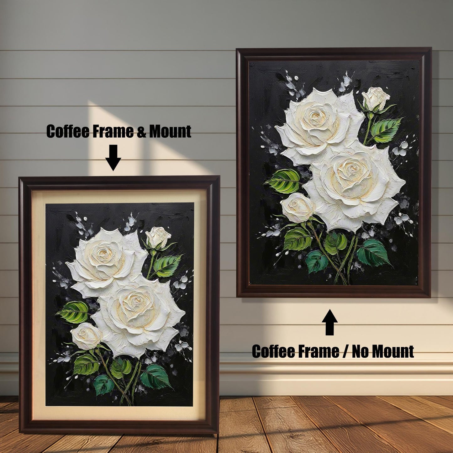 White Rose Textured Art Print with Wood Frame | Floral Black Background | Elegant Wall Decor