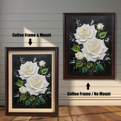 White Rose Textured Art Print with Wood Frame | Floral Black Background | Elegant Wall Decor
