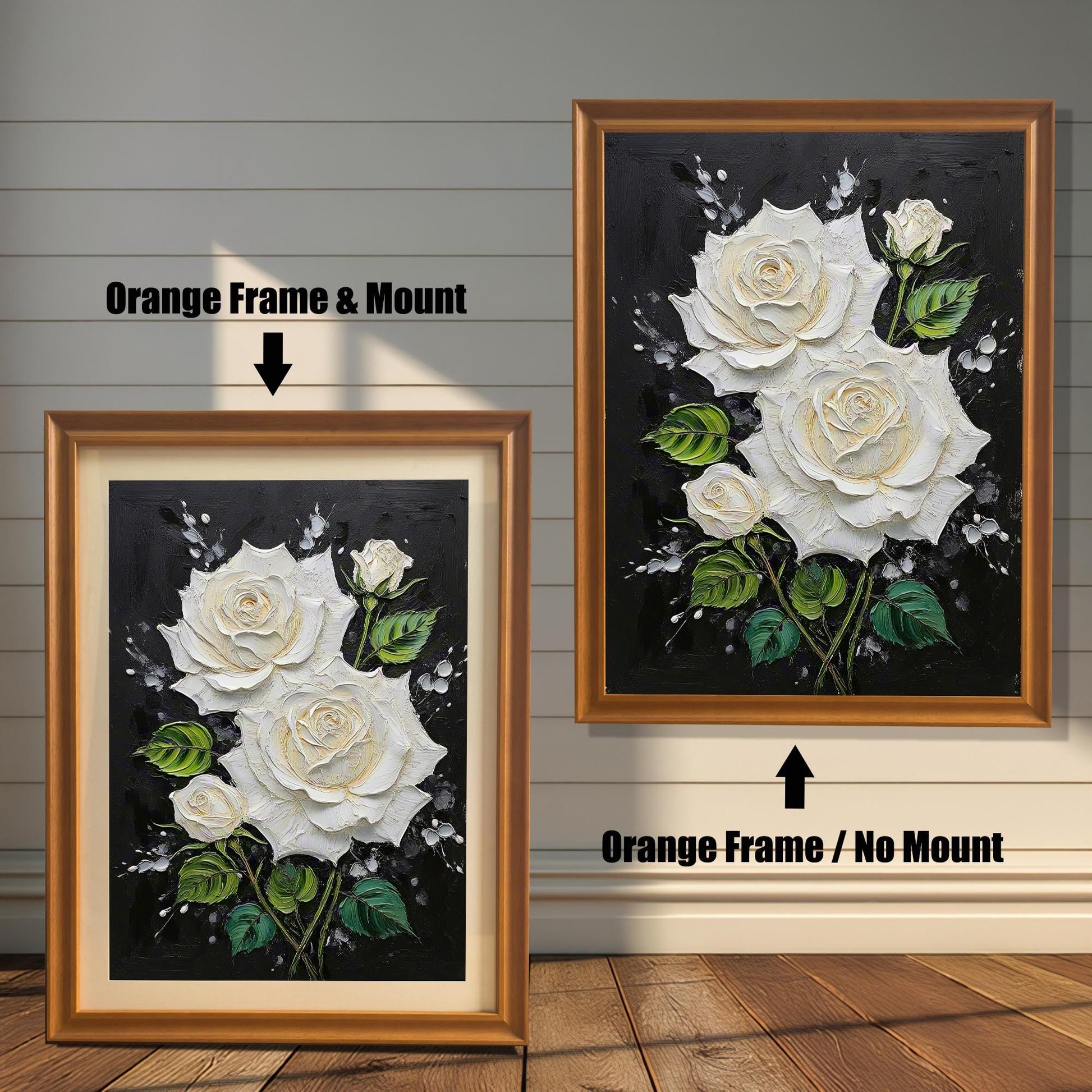 White Rose Textured Art Print with Wood Frame | Floral Black Background | Elegant Wall Decor