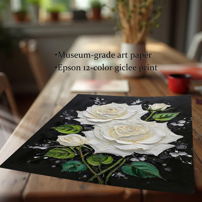 White Rose Textured Art Print with Wood Frame | Floral Black Background | Elegant Wall Decor
