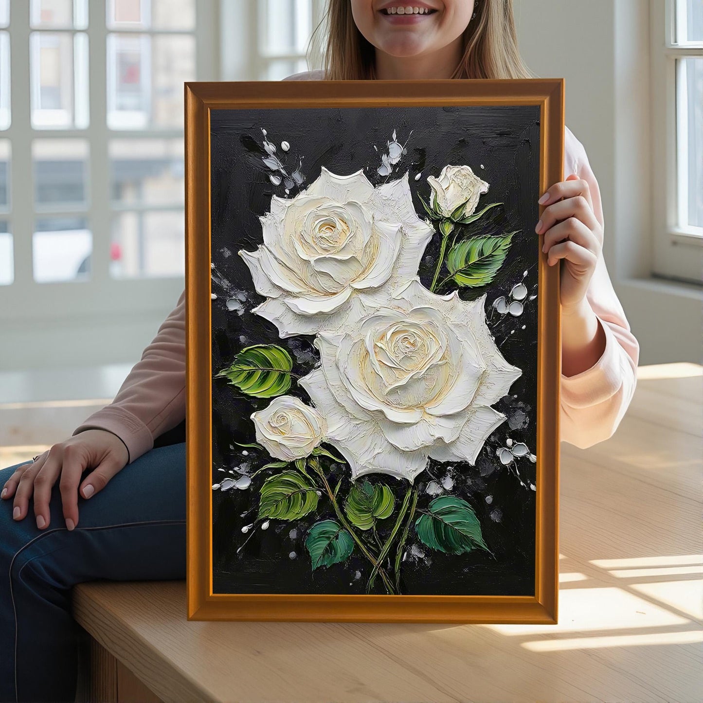 White Rose Textured Art Print with Wood Frame | Floral Black Background | Elegant Wall Decor