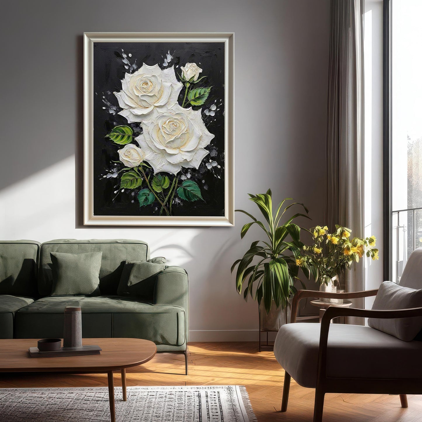 White Rose Textured Art Print with Wood Frame | Floral Black Background | Elegant Wall Decor