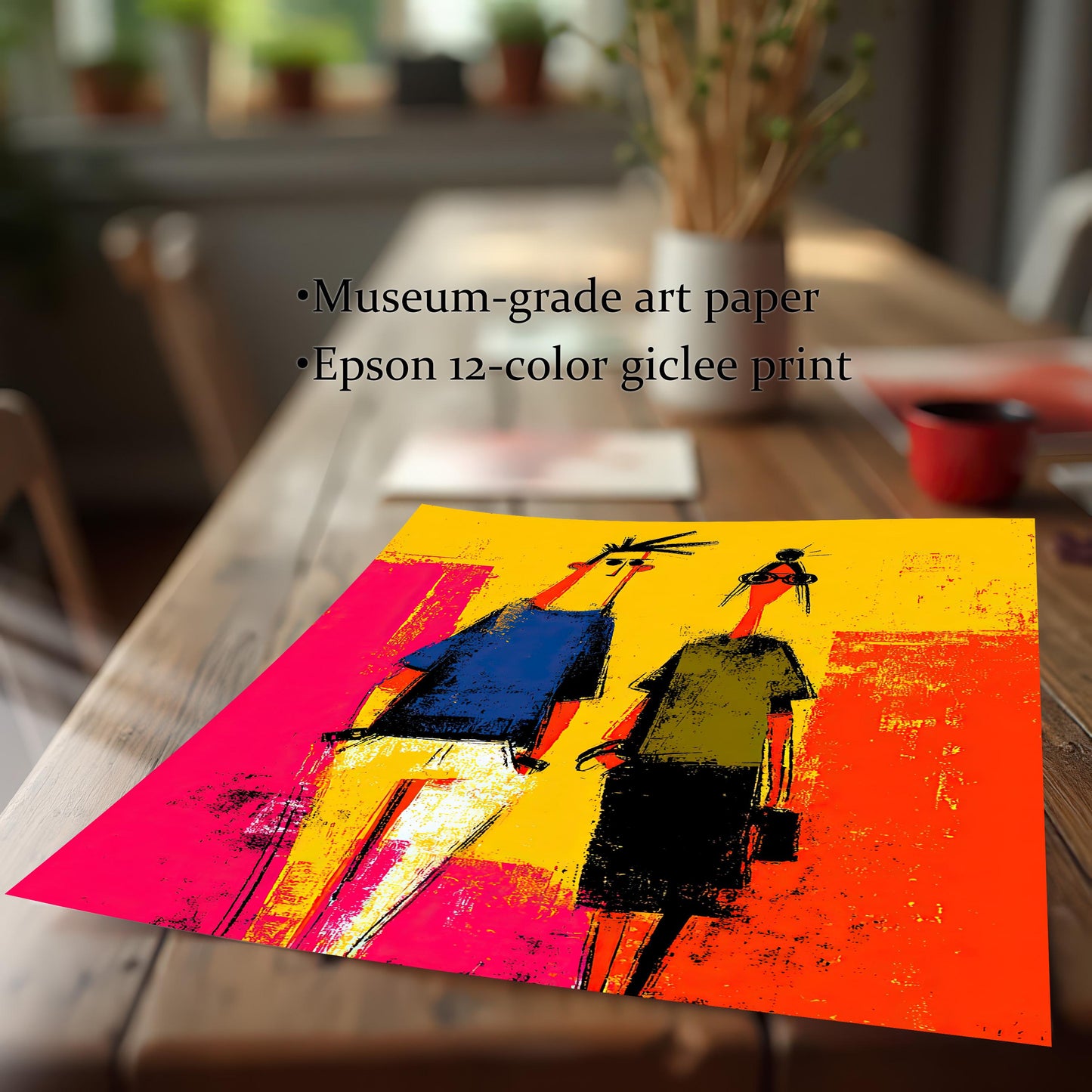 Close-up of the unframed print on a wooden table, highlighting the vibrant colors and texture. Text overlay mentions Museum-grade art paper and Epson 12-color giclee print.